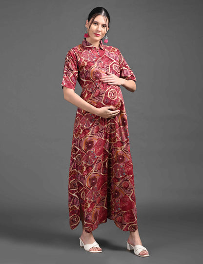 Womens Printed Maternity Long Gown - Red