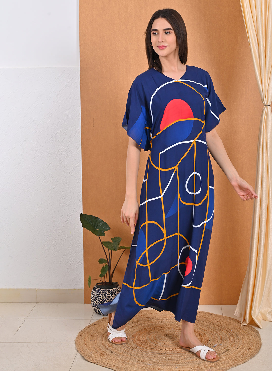 Womens Printed Kaftan Nightdress - Navy