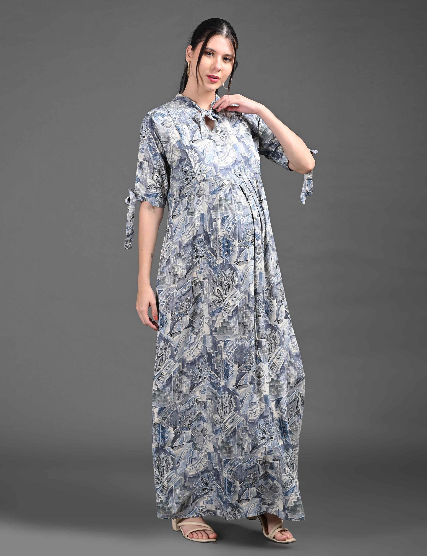 Womens Printed Maternity Long Gown - Grey