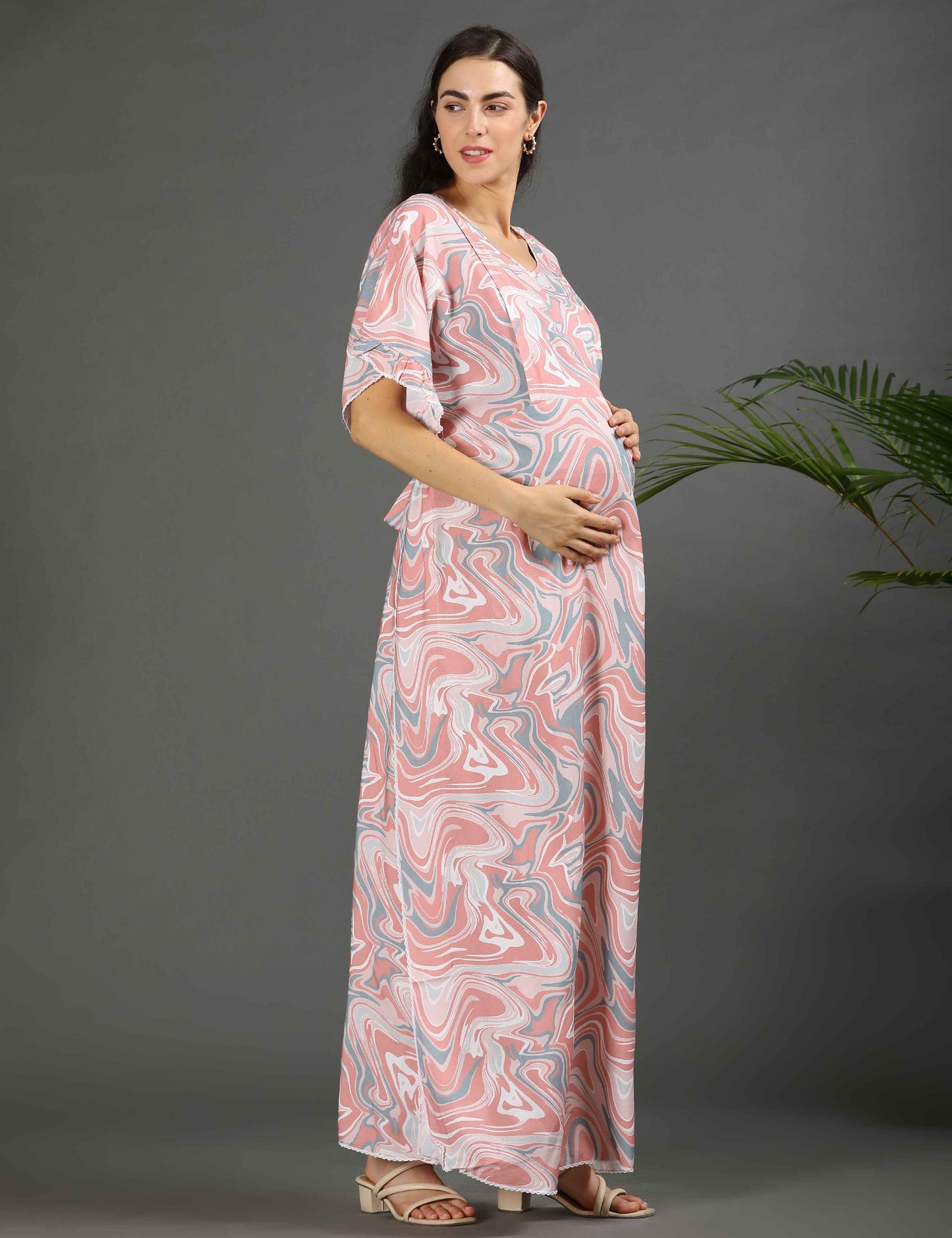 Peach-Colored Maternity Kaftan Long Gown