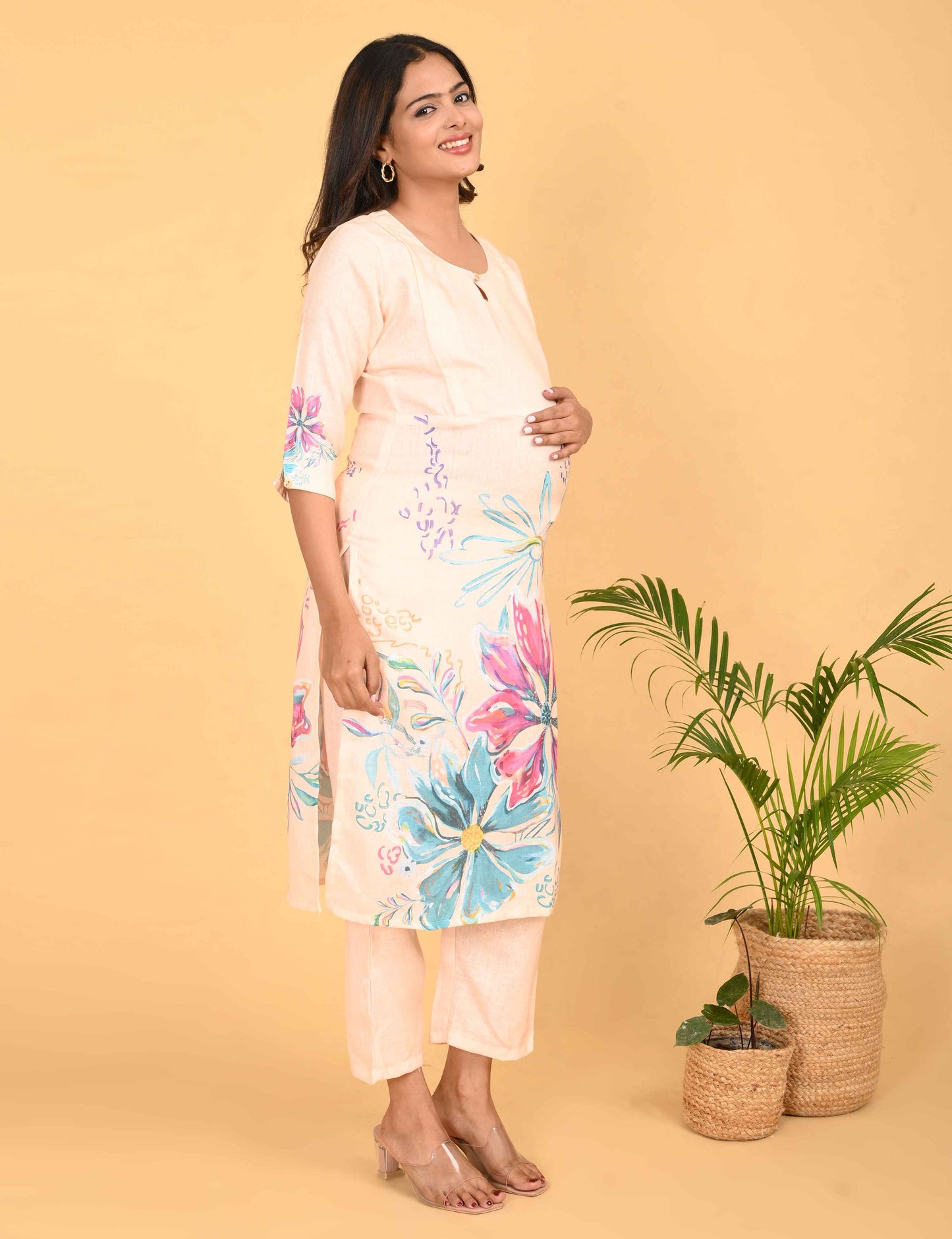 Womens Maternity Kurti Pant Set - Cream