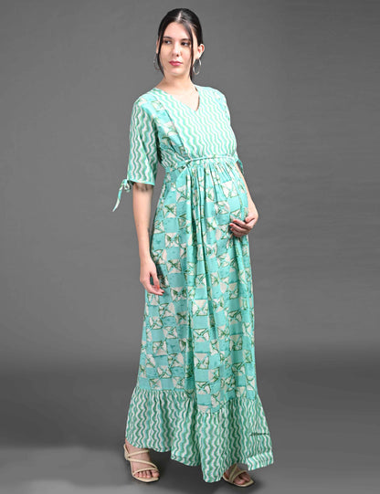 Womens Printed Maternity Long Gown - S.Green