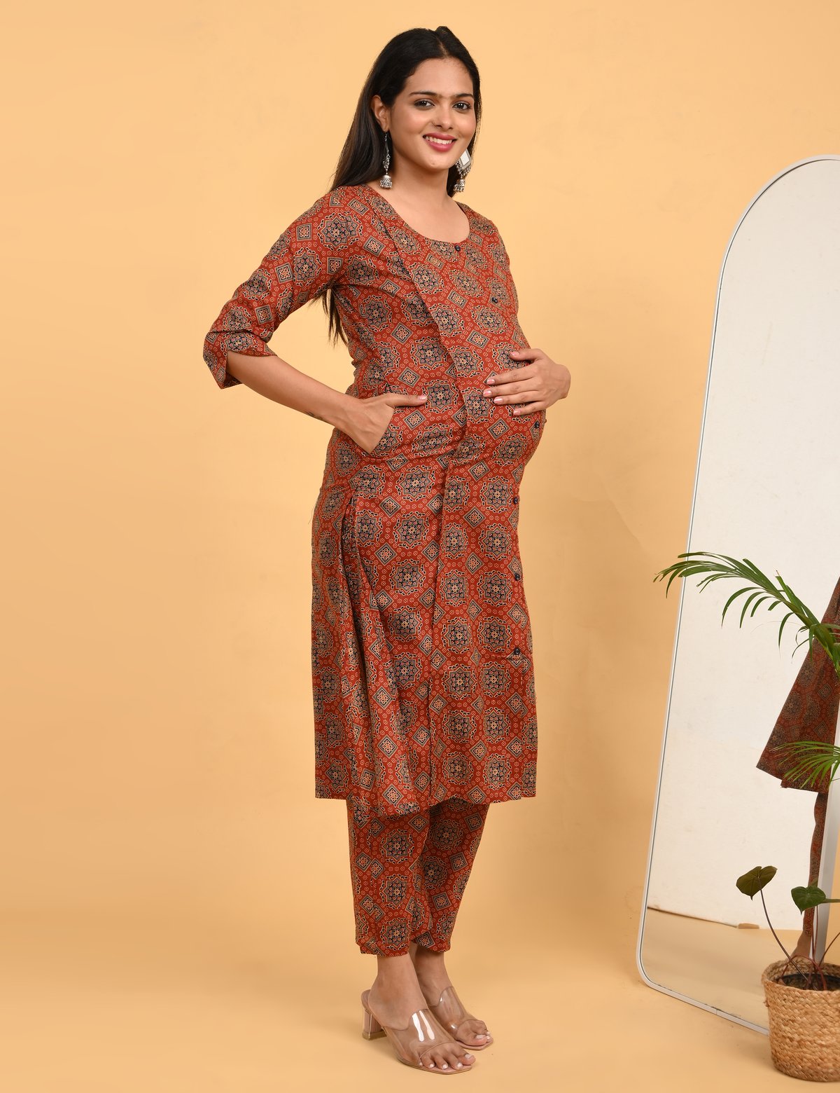 Womens Maternity Kurti Pant Set - Rust