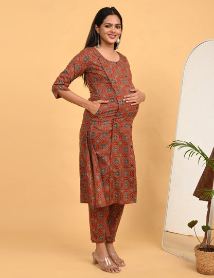 Womens Maternity Kurti Pant Set - Rust