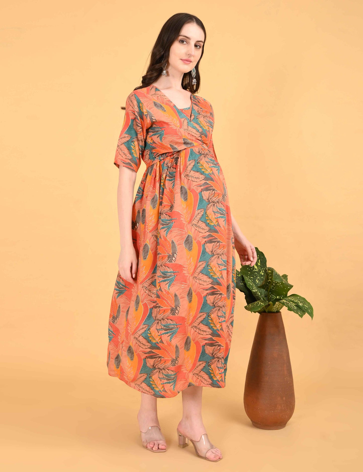 Orange-Colored Maternity 3/4th Gown
