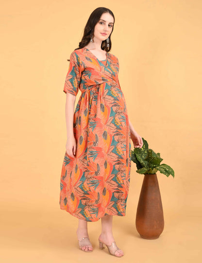 Orange-Colored Maternity 3/4th Gown