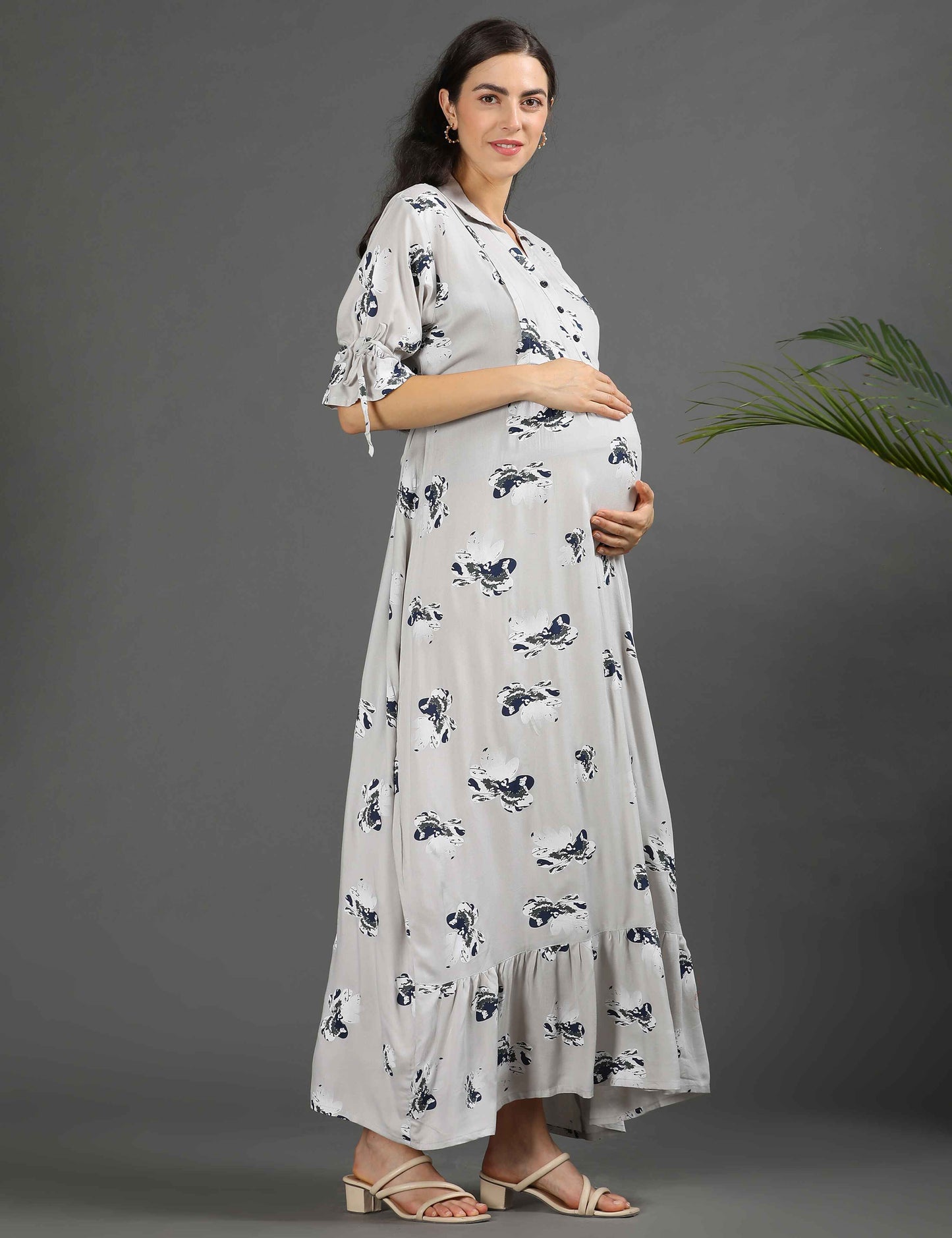 Grey-Colored Maternity Long Gown