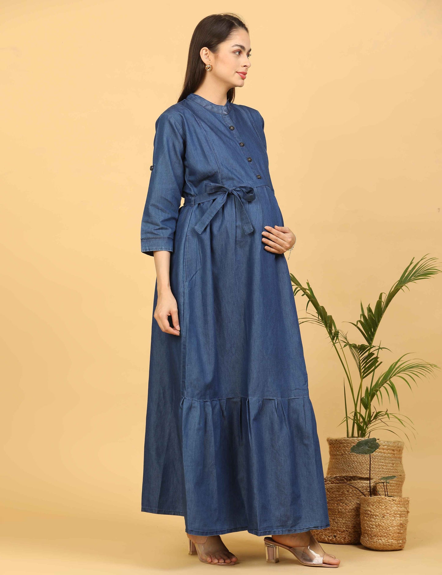 Womens Denim Maternity Long Gown - Blue