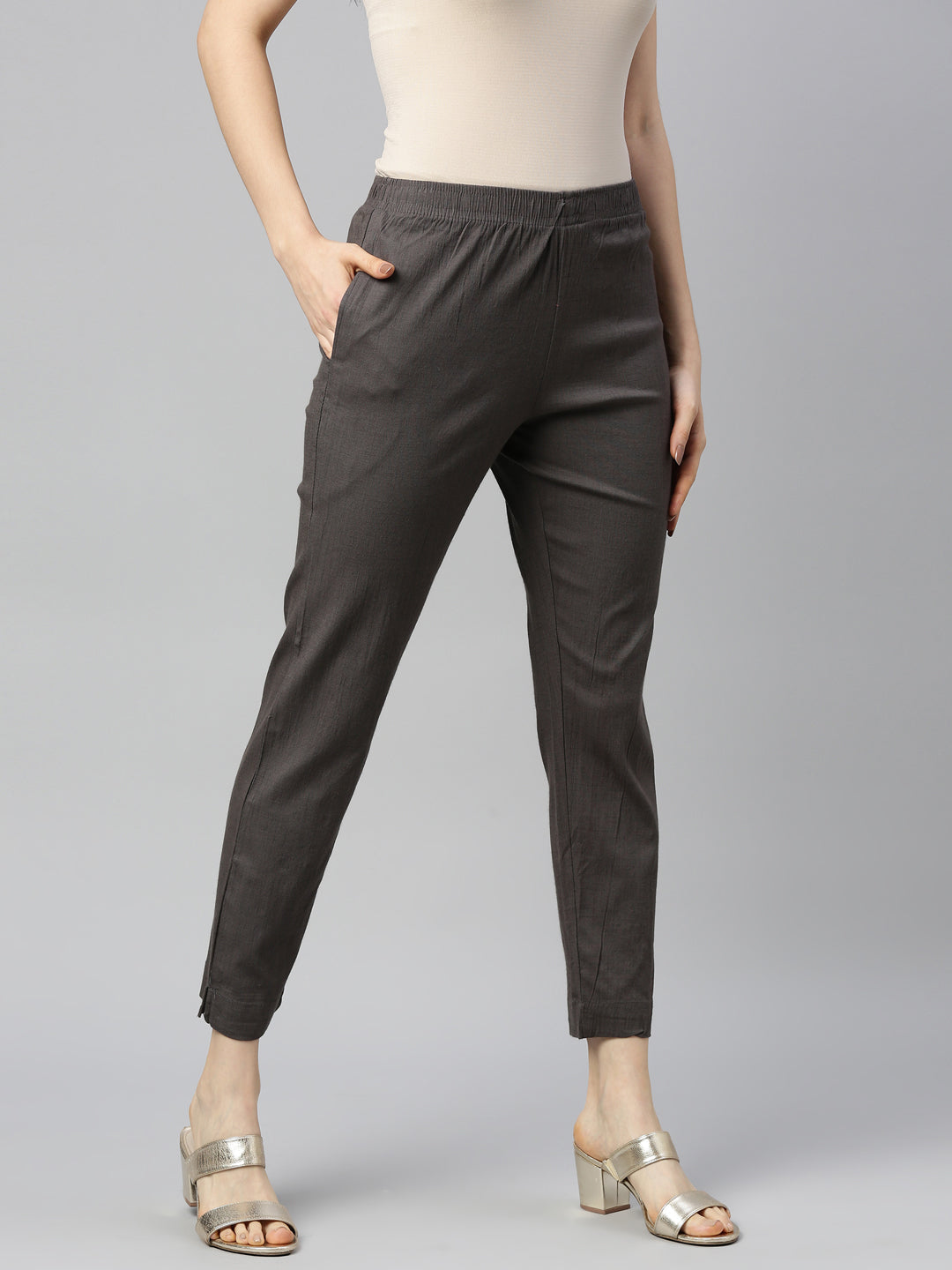 Womens Stretchable Solid Cigar Pant - Grey