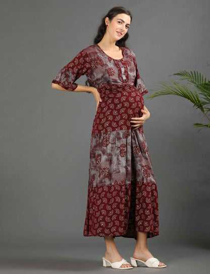 Maroon-Colored Maternity Long Gown