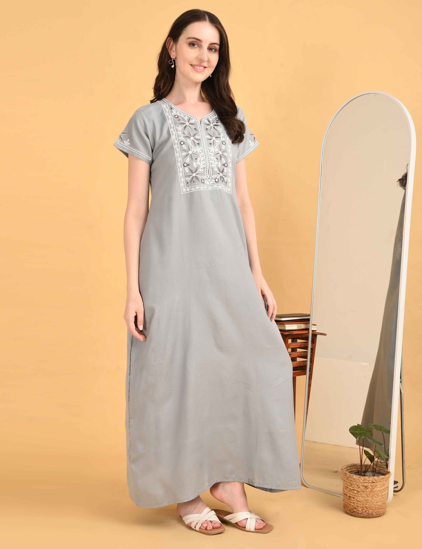 Womens Embroidered A-Line Nightdress - Grey