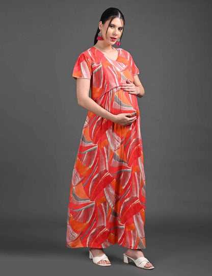 Womens Printed Maternity Long Gown - Orange