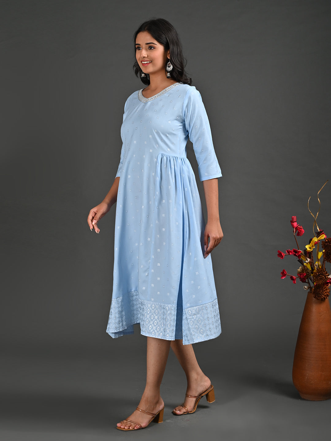 Womens Skyblue-Colored A-Line Kurta