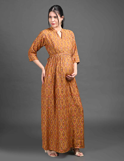 Womens Printed Maternity Long Gown - Brown