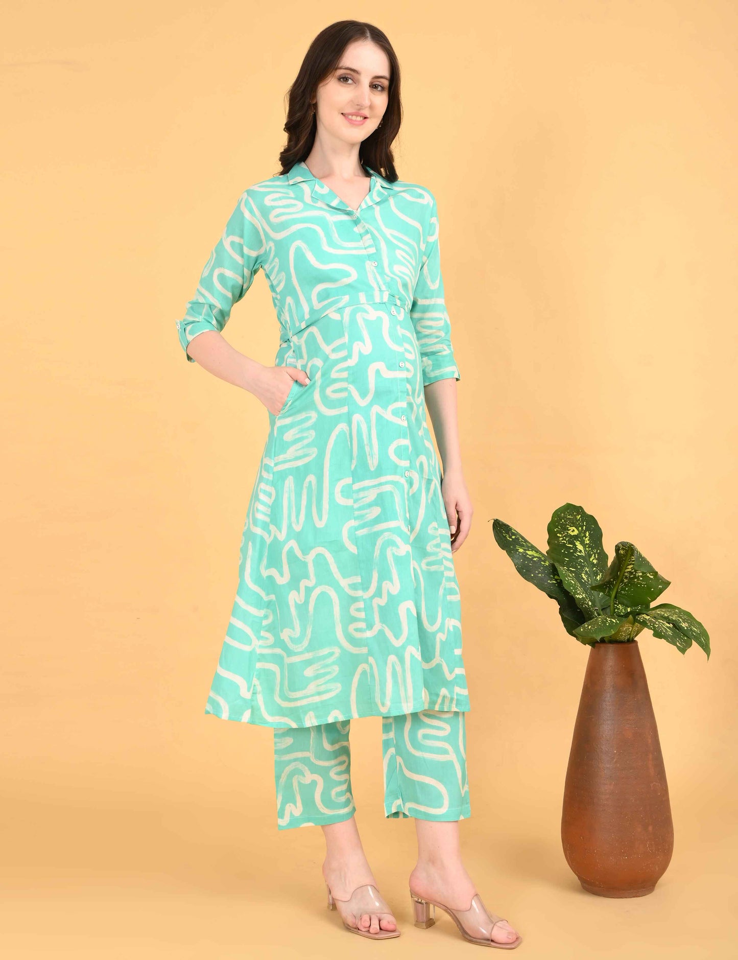 Womens Maternity Kurti Pant Set - L Green