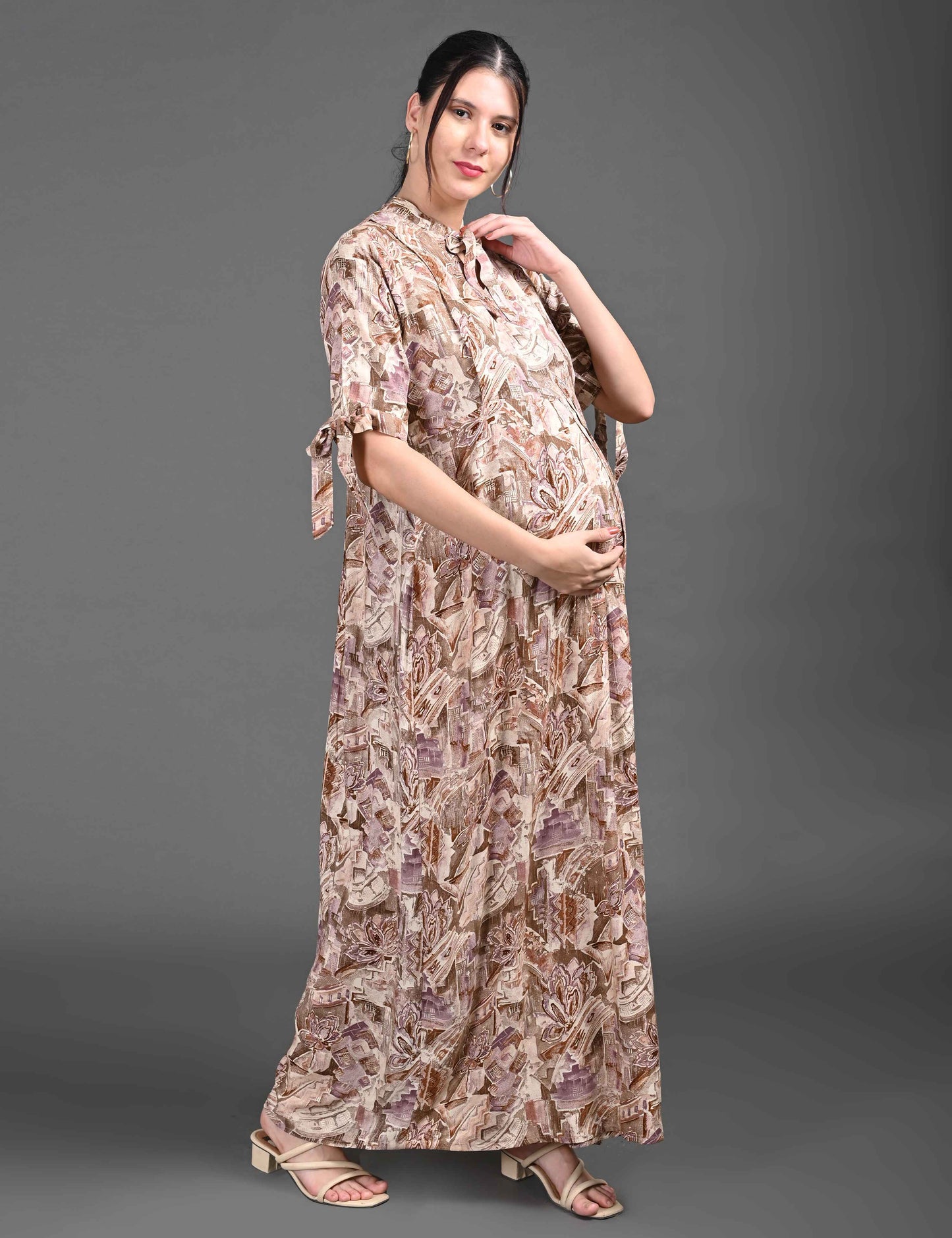 Womens Printed Maternity Long Gown - Brown