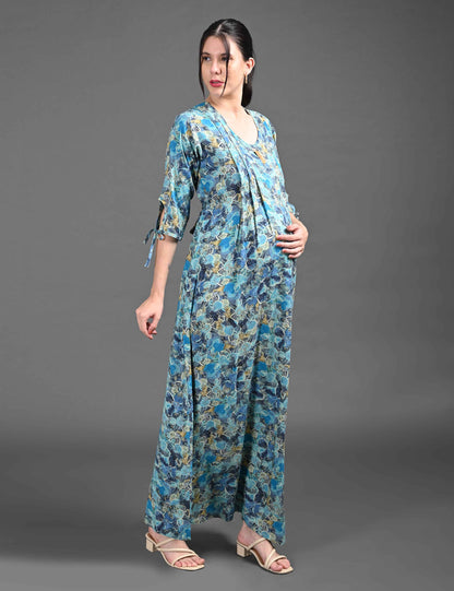 Womens Printed Maternity Long Gown - Blue