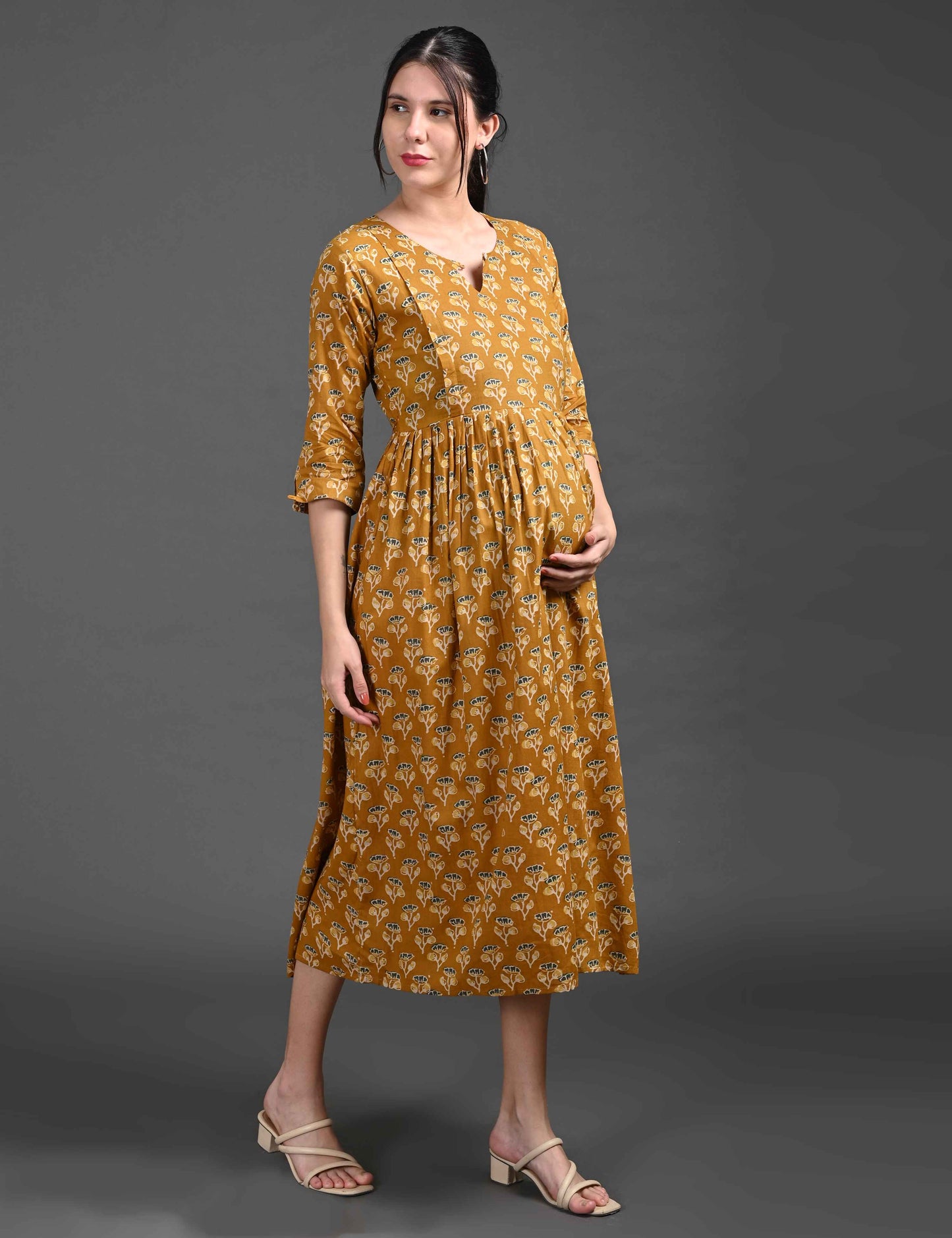 Mustard-Colored Maternity 3/4th Gown