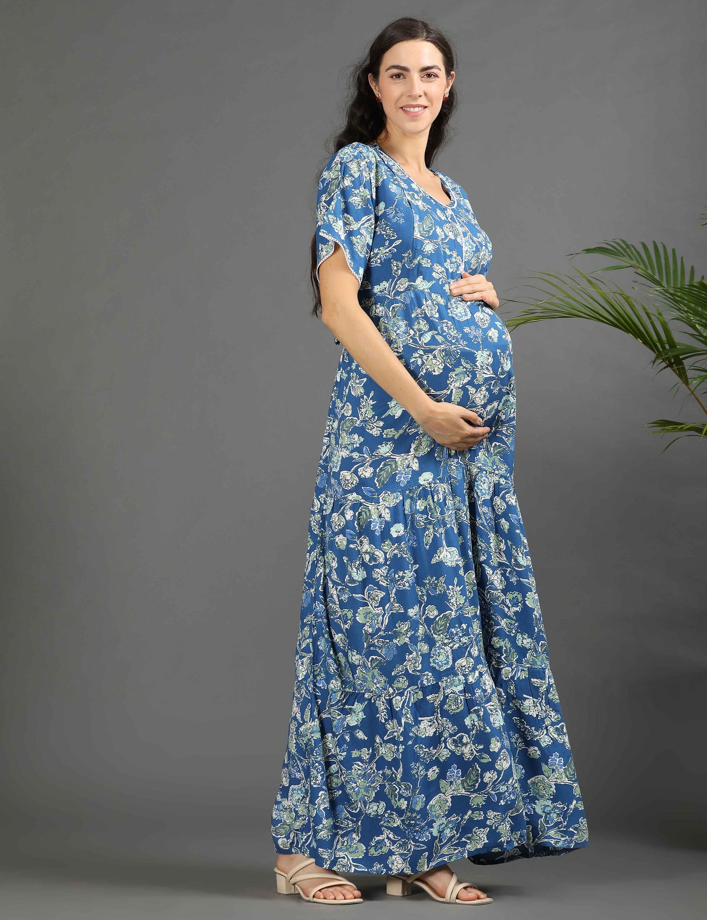 Sea Green-Colored Maternity Long Gown