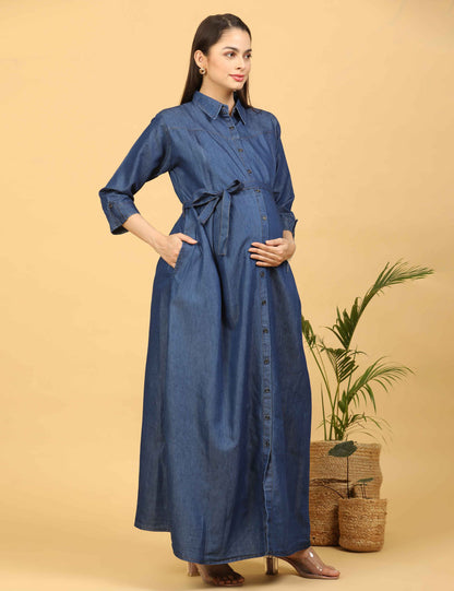 Womens Denim Maternity Long Gown - Blue