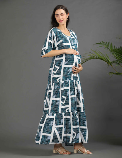 S.Green-Colored Maternity Long Gown