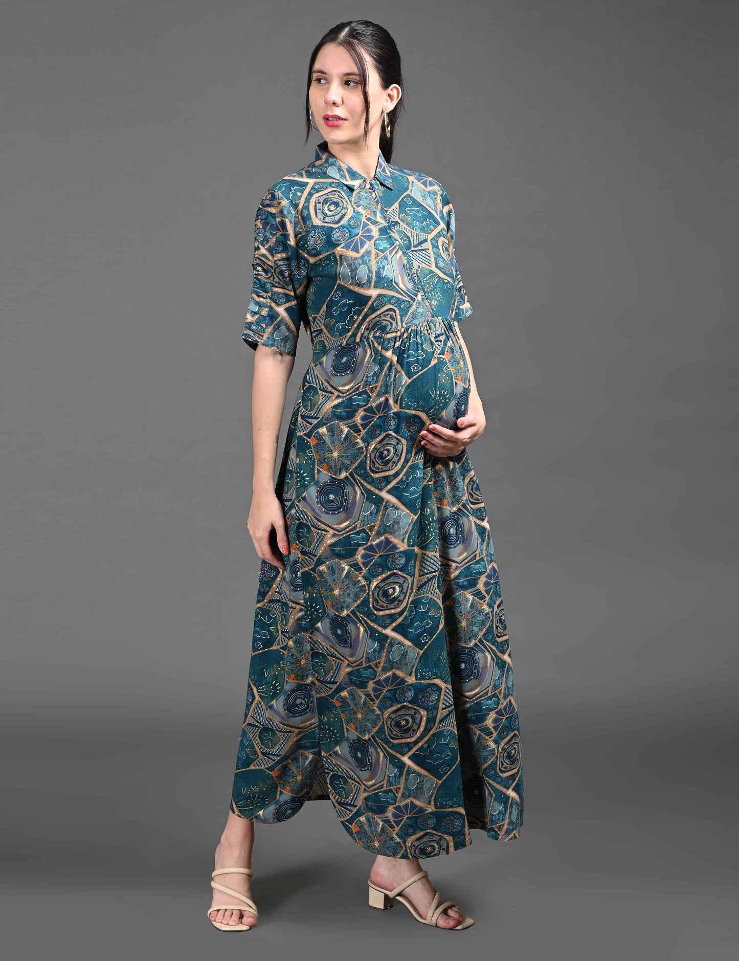 Womens Printed Maternity Long Gown - Indigo