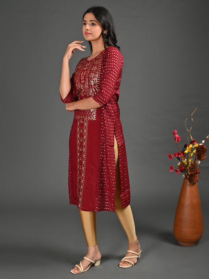 Womens Maroon-Colored Straight Kurta