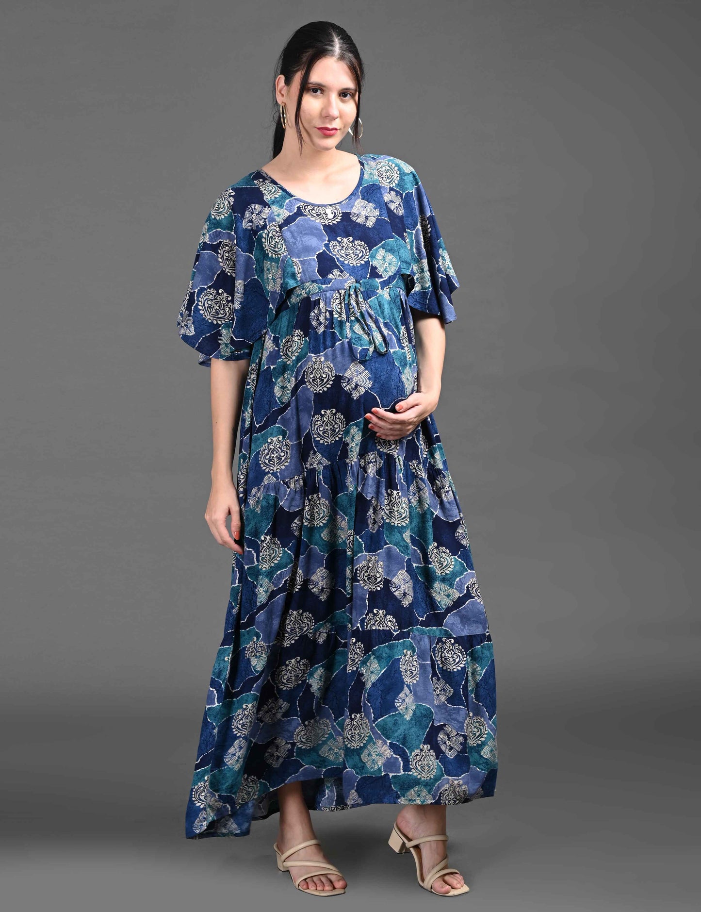 Womens Printed Maternity Long Gown - Blue