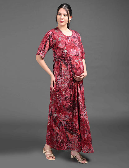 Womens Printed Maternity Long Gown - Maroon