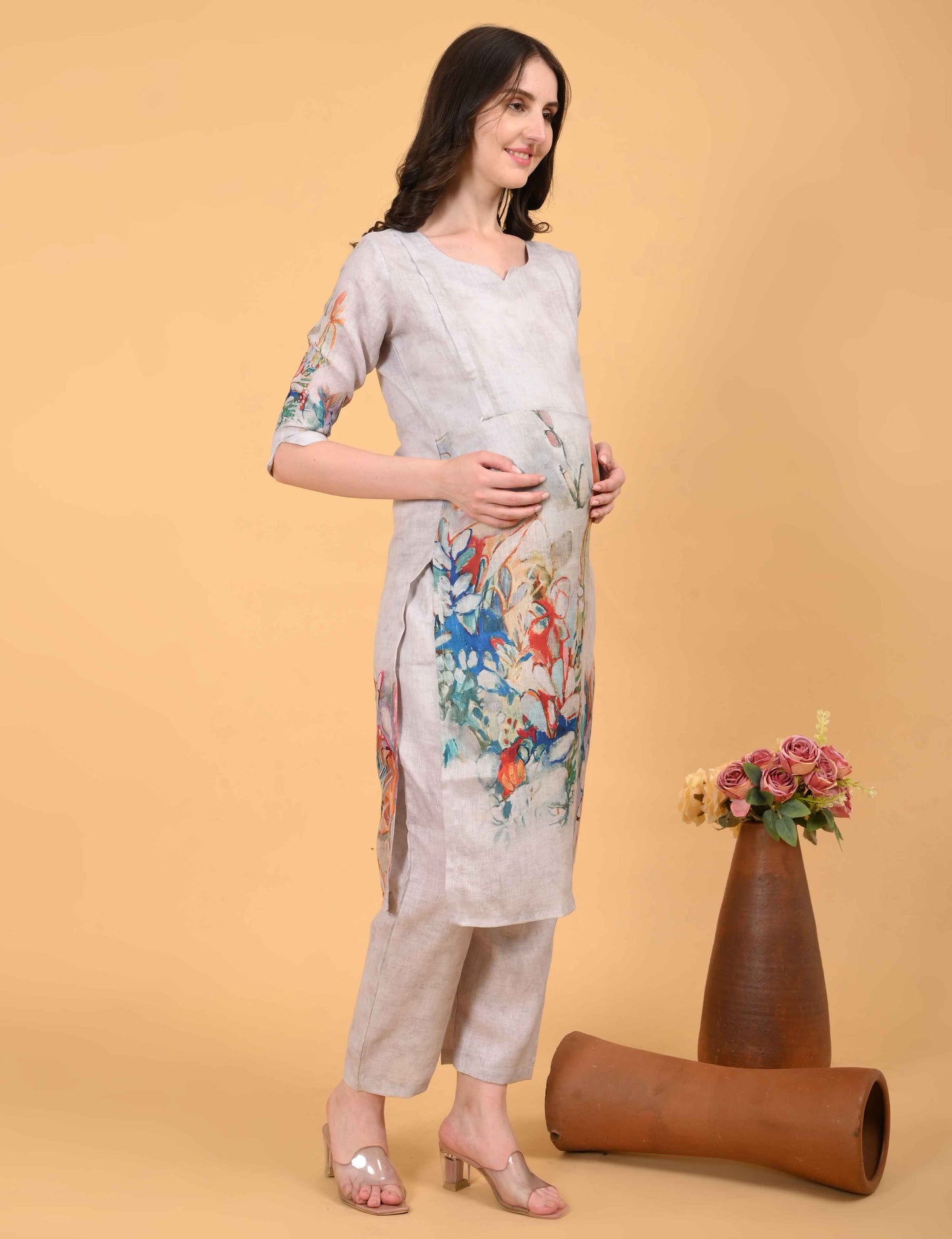 Womens Maternity Kurti Pant Set - Grey