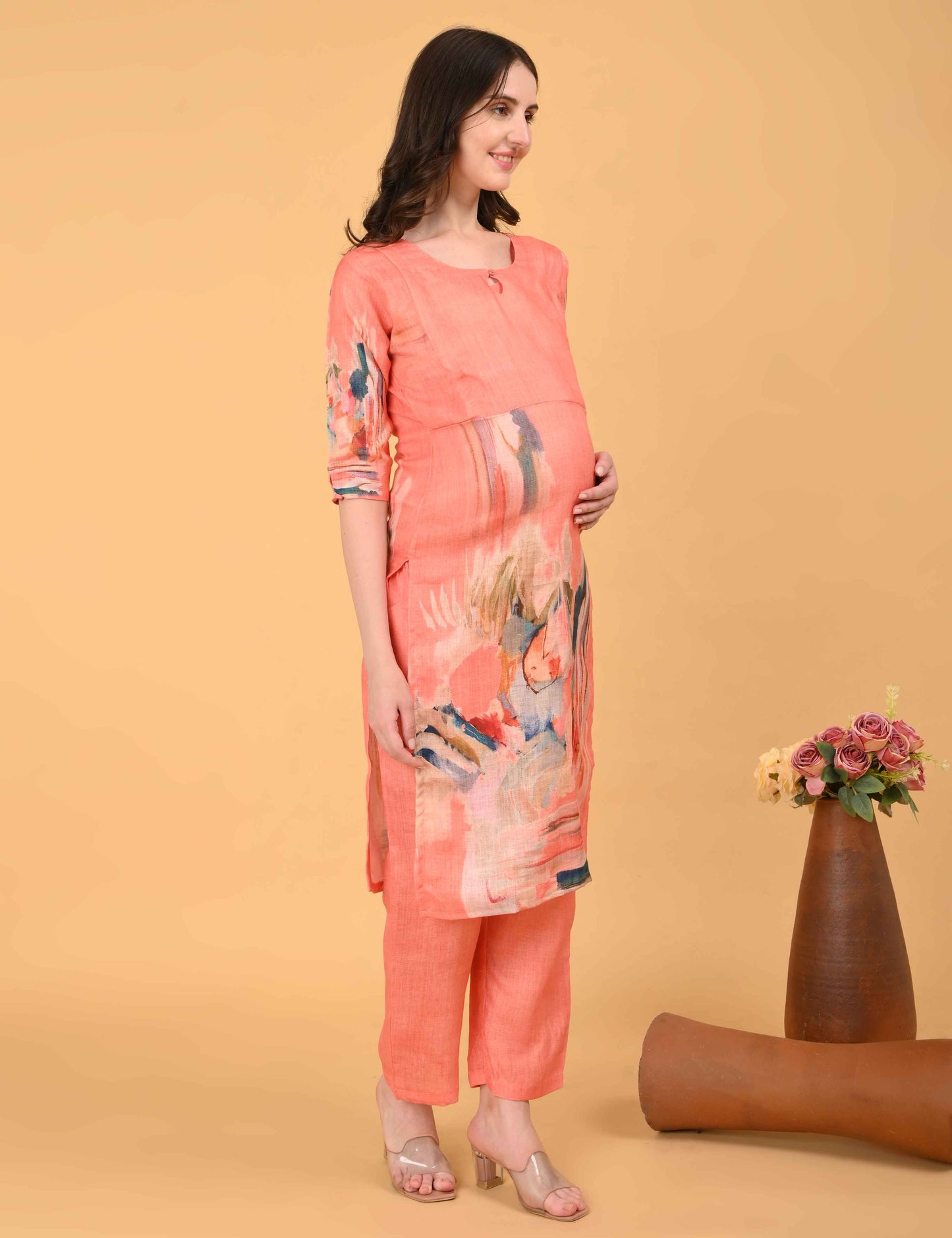 Womens Maternity Kurti Pant Set - Peach