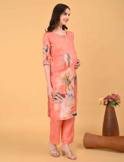 Womens Maternity Kurti Pant Set - Peach