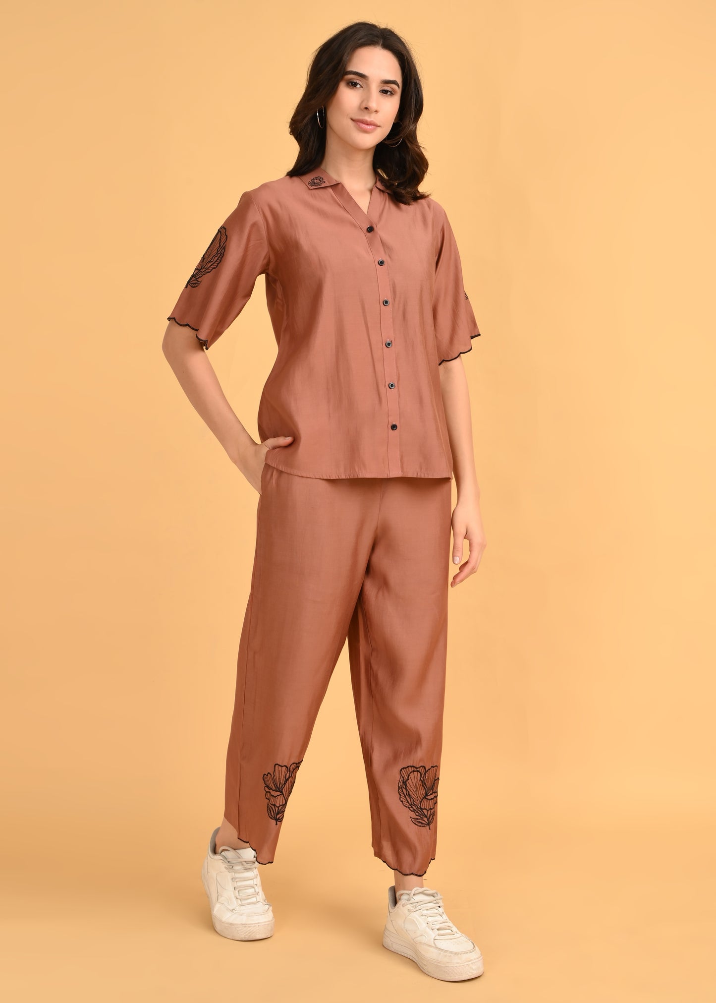 Brown-Colored Embroidered Co Ord Set