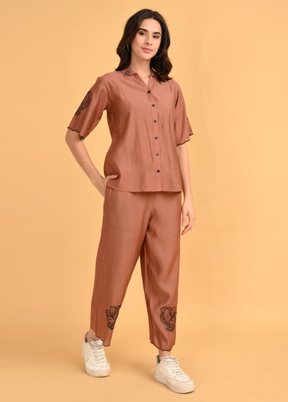 Brown-Colored Embroidered Co Ord Set