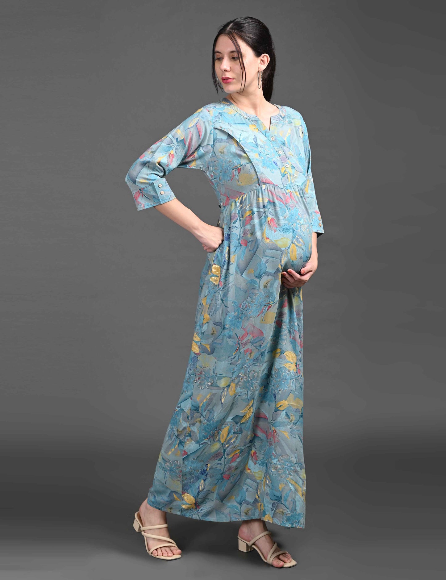 Womens Printed Maternity Long Gown - Grey