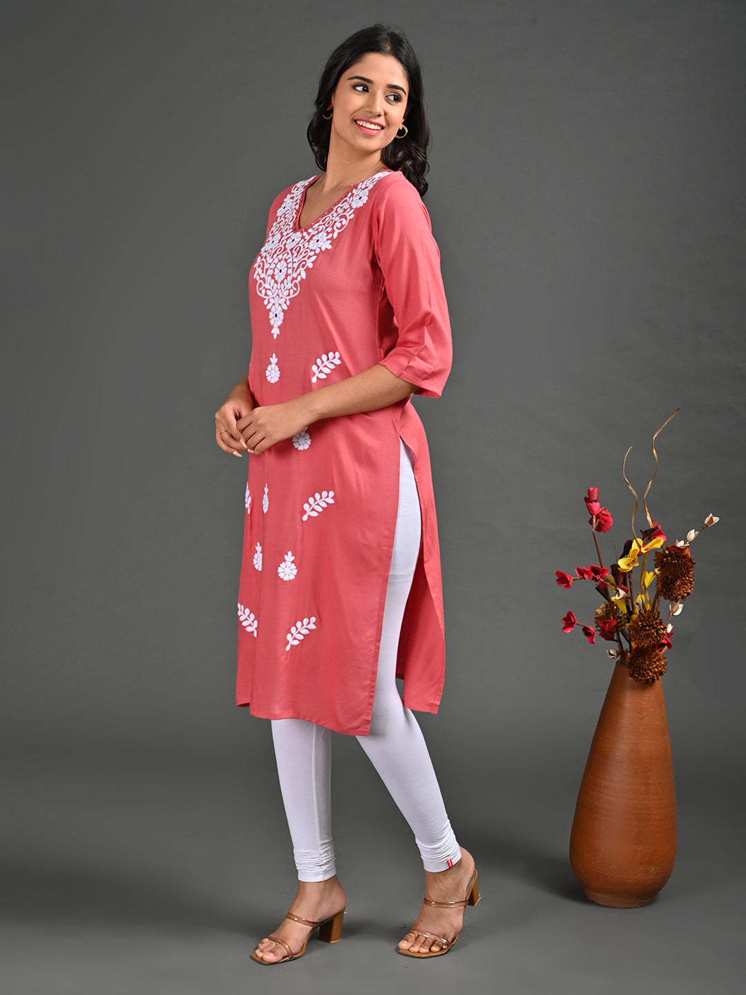 Womens Peach-Colored Straight Kurta