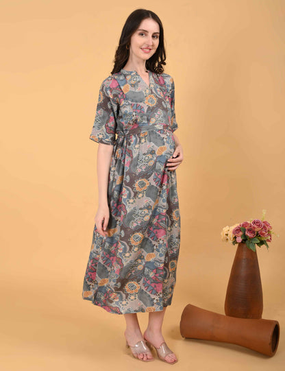 Grey-Colored Maternity 3/4th Gown