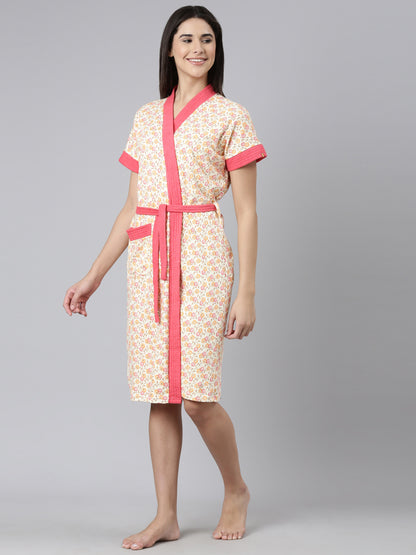 Womens Printed Bathrobe - Peach