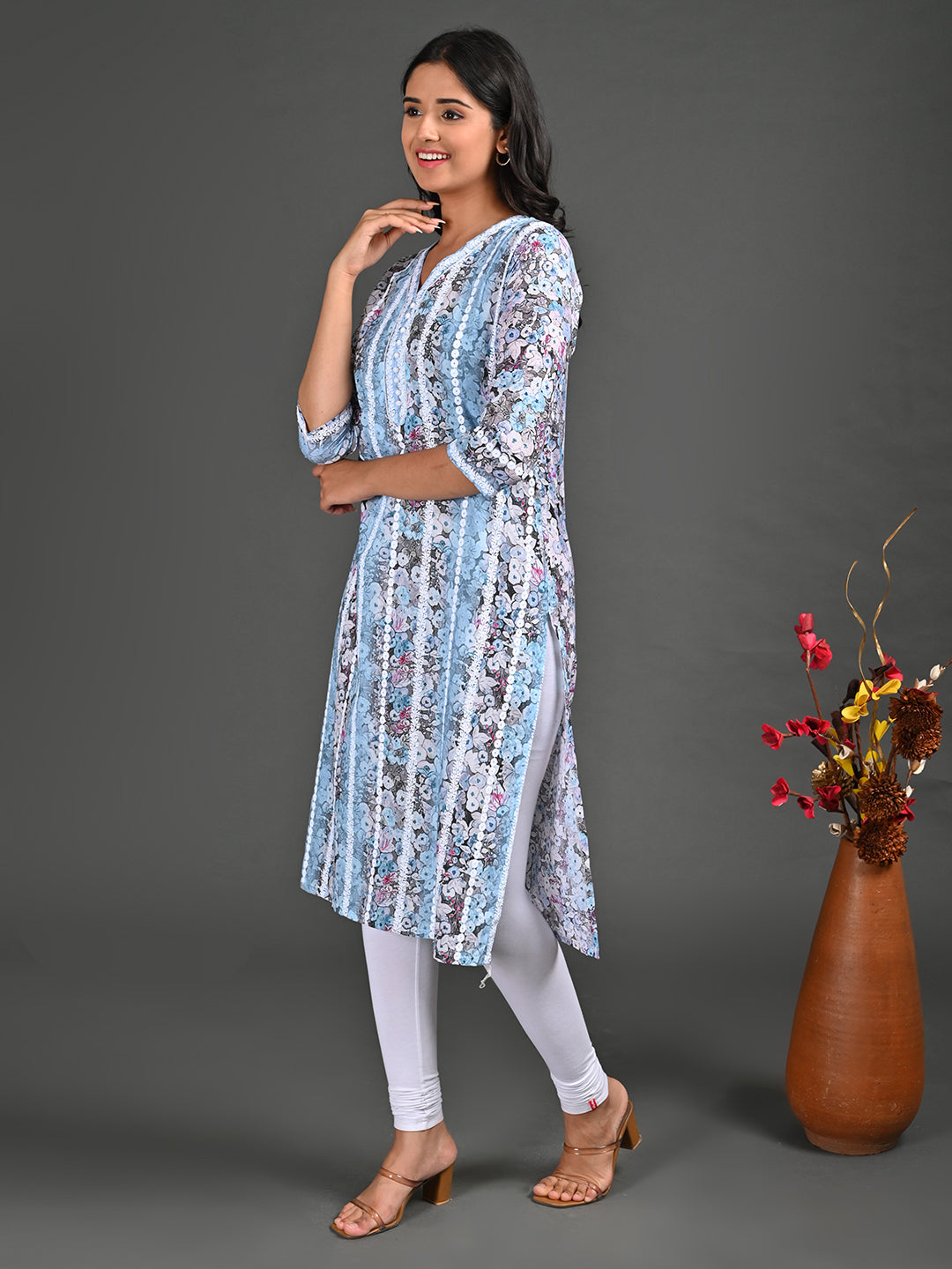 Womens Skyblue-Colored Straight Kurta