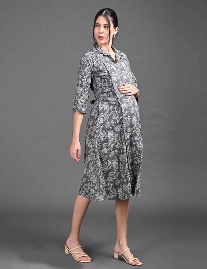 Grey-Colored Maternity 3/4th Gown