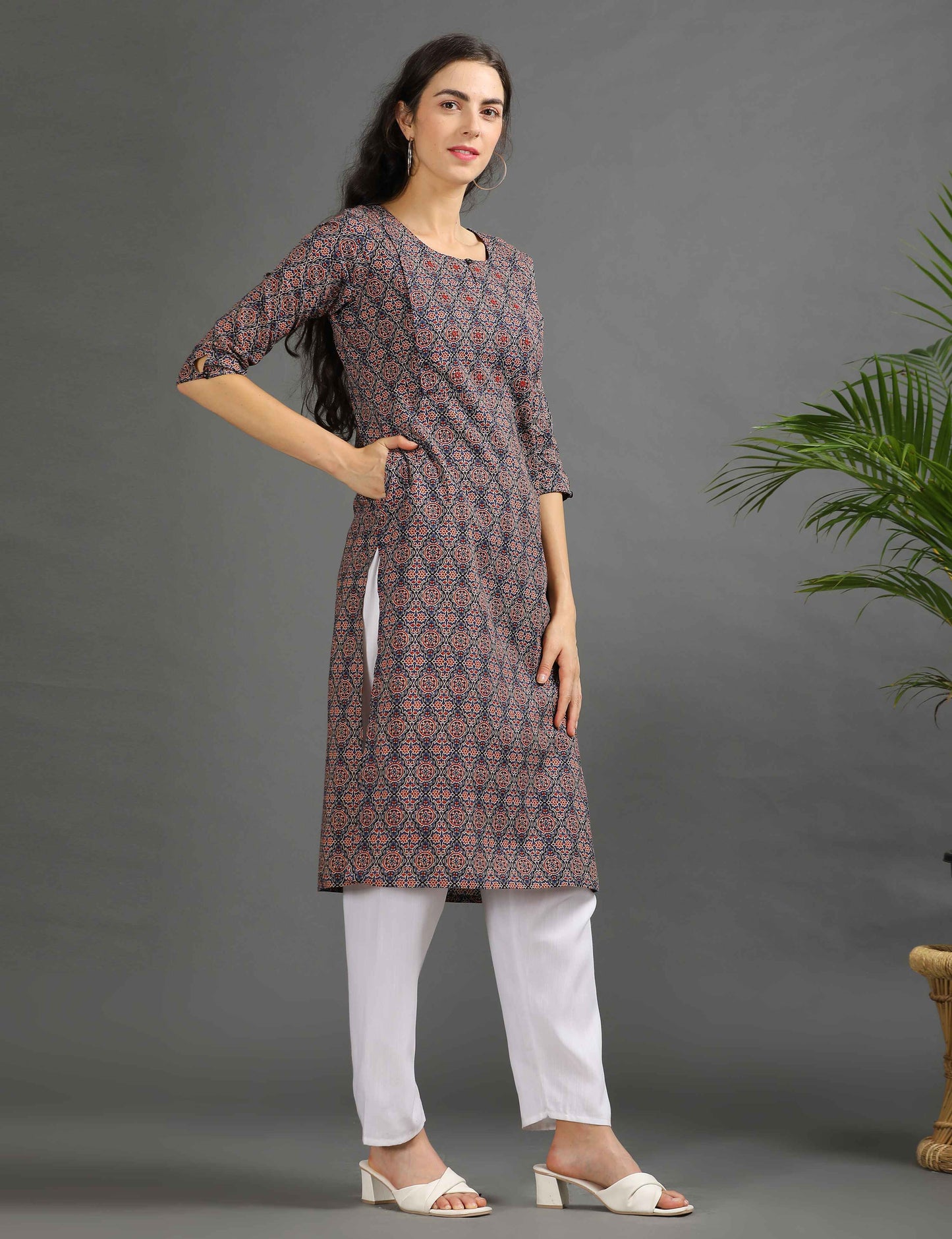 Womens Navy-Colored Printed Feeding Kurta