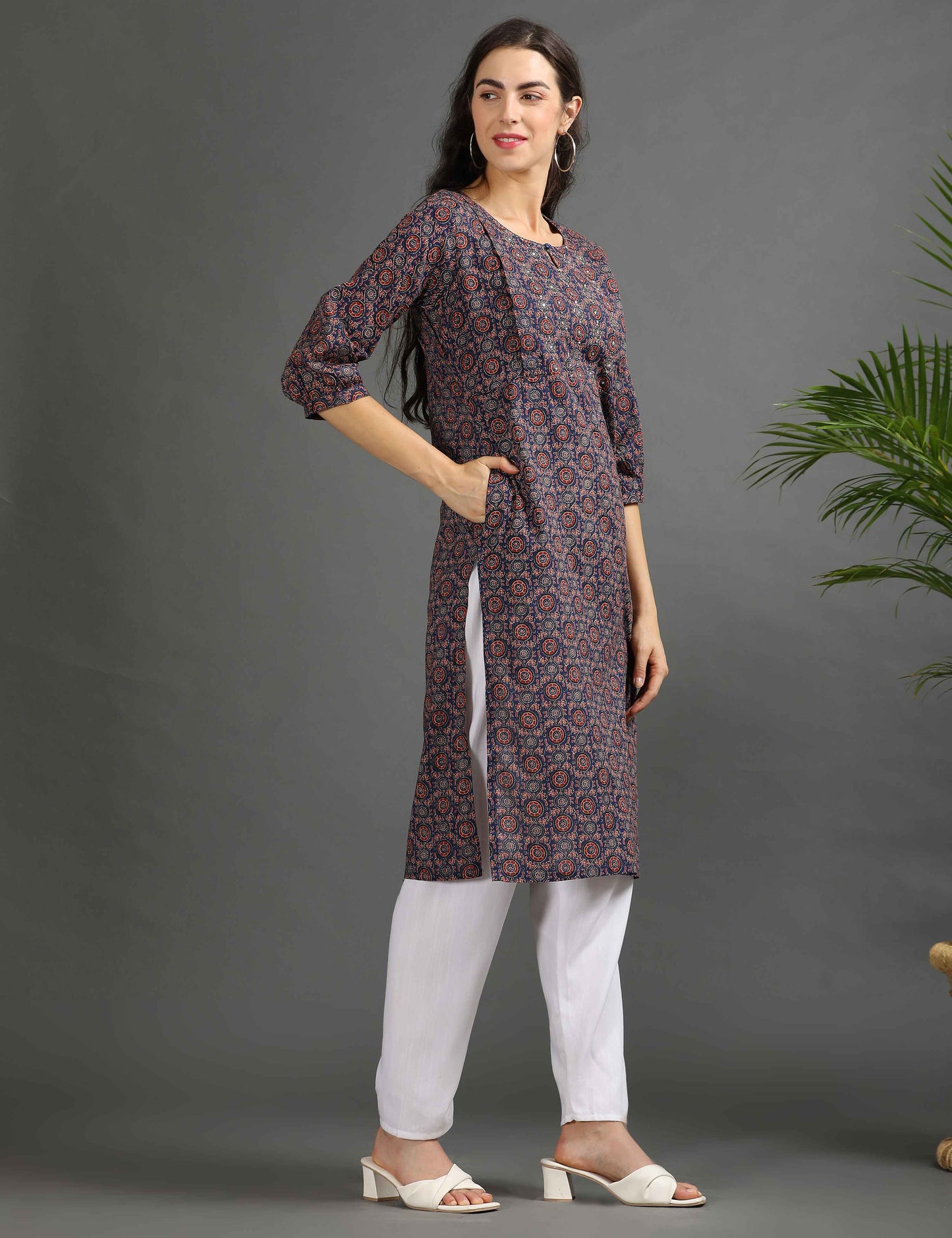 Womens Navy-Colored Printed Feeding Kurta