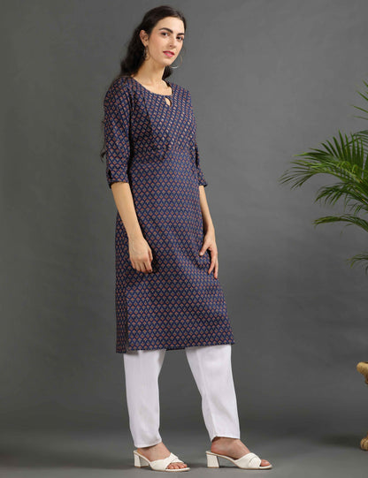 Womens Navy-Colored Printed Feeding Kurta