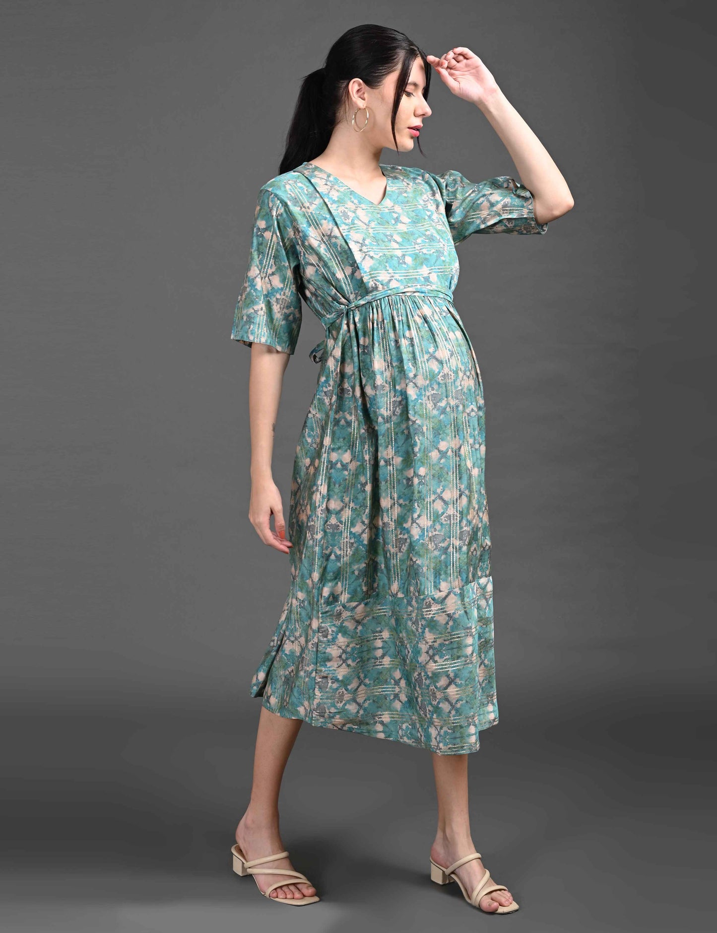 Sea Green-Colored Maternity 3/4th Gown