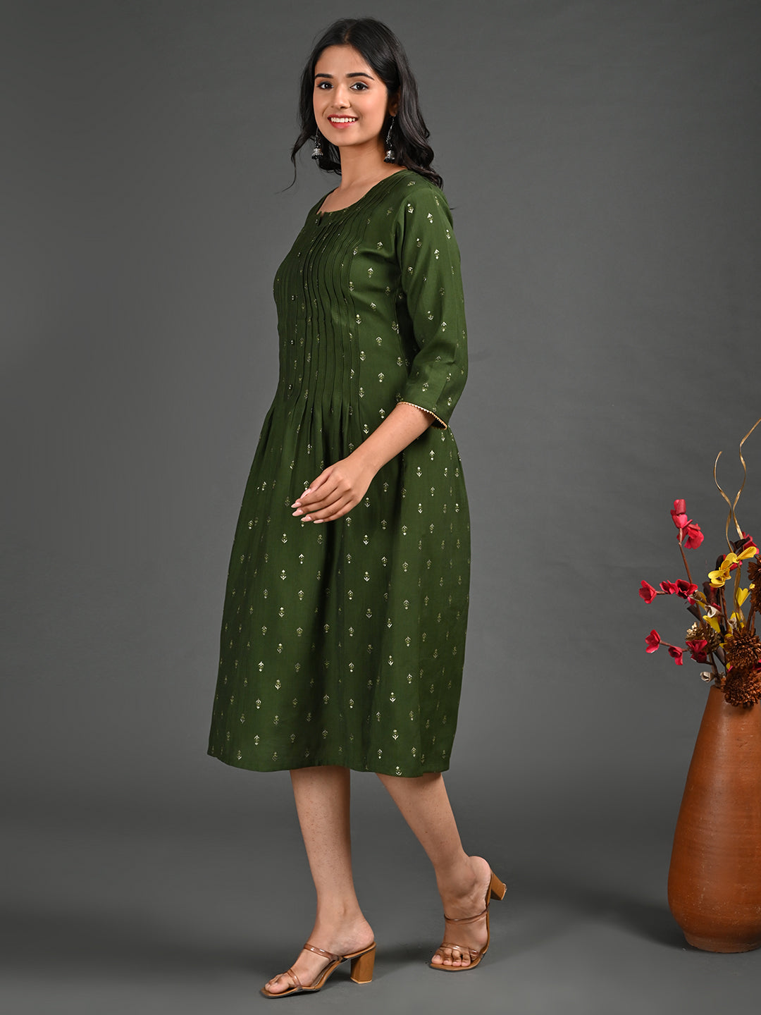 Womens Olive-Colored A-Line Kurta