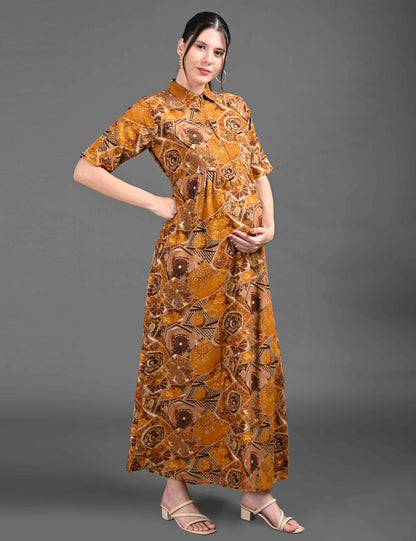 Womens Printed Maternity Long Gown - Mustard