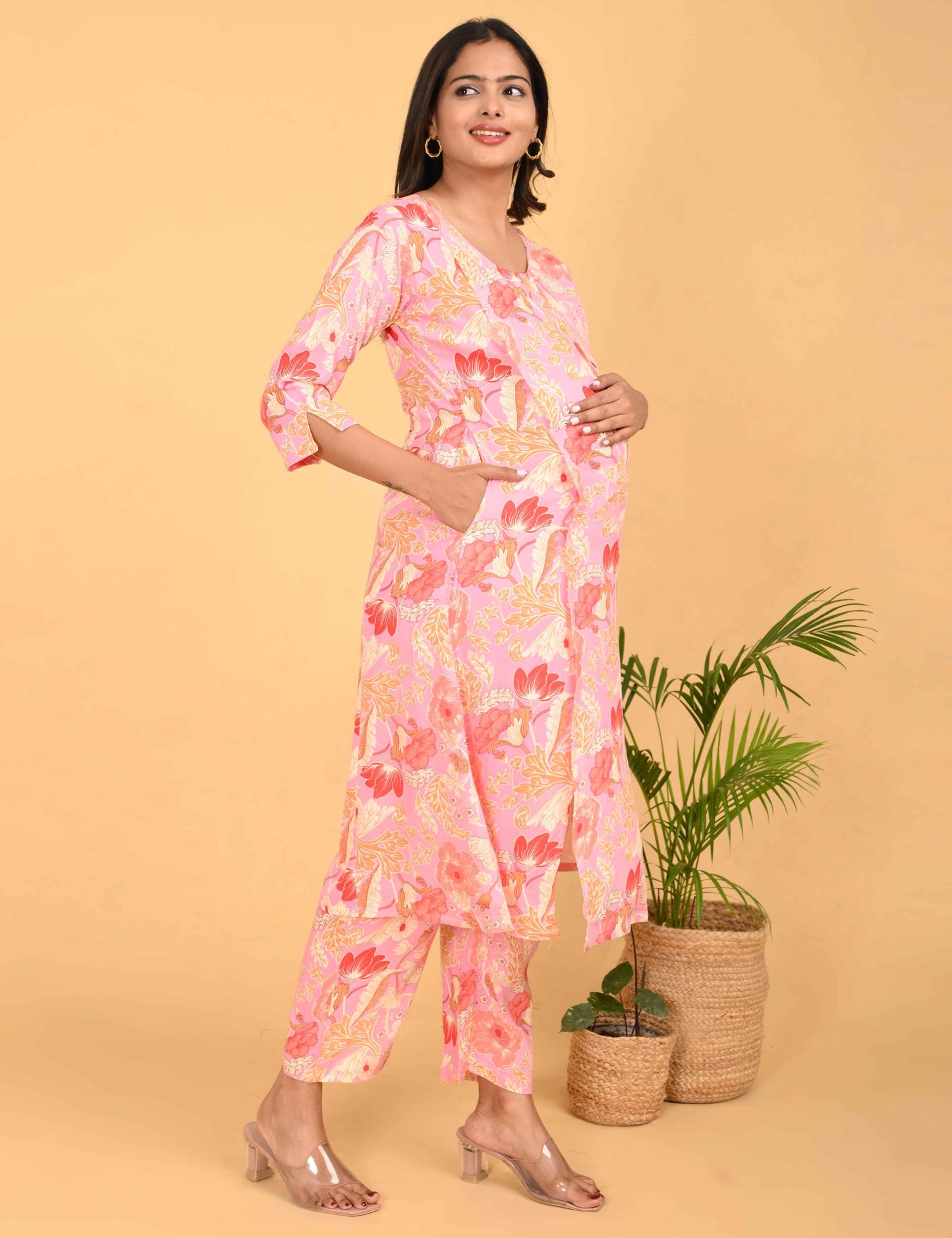 Womens Maternity Kurti Pant Set - Pink