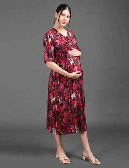 Red-Colored Maternity 3/4th Gown