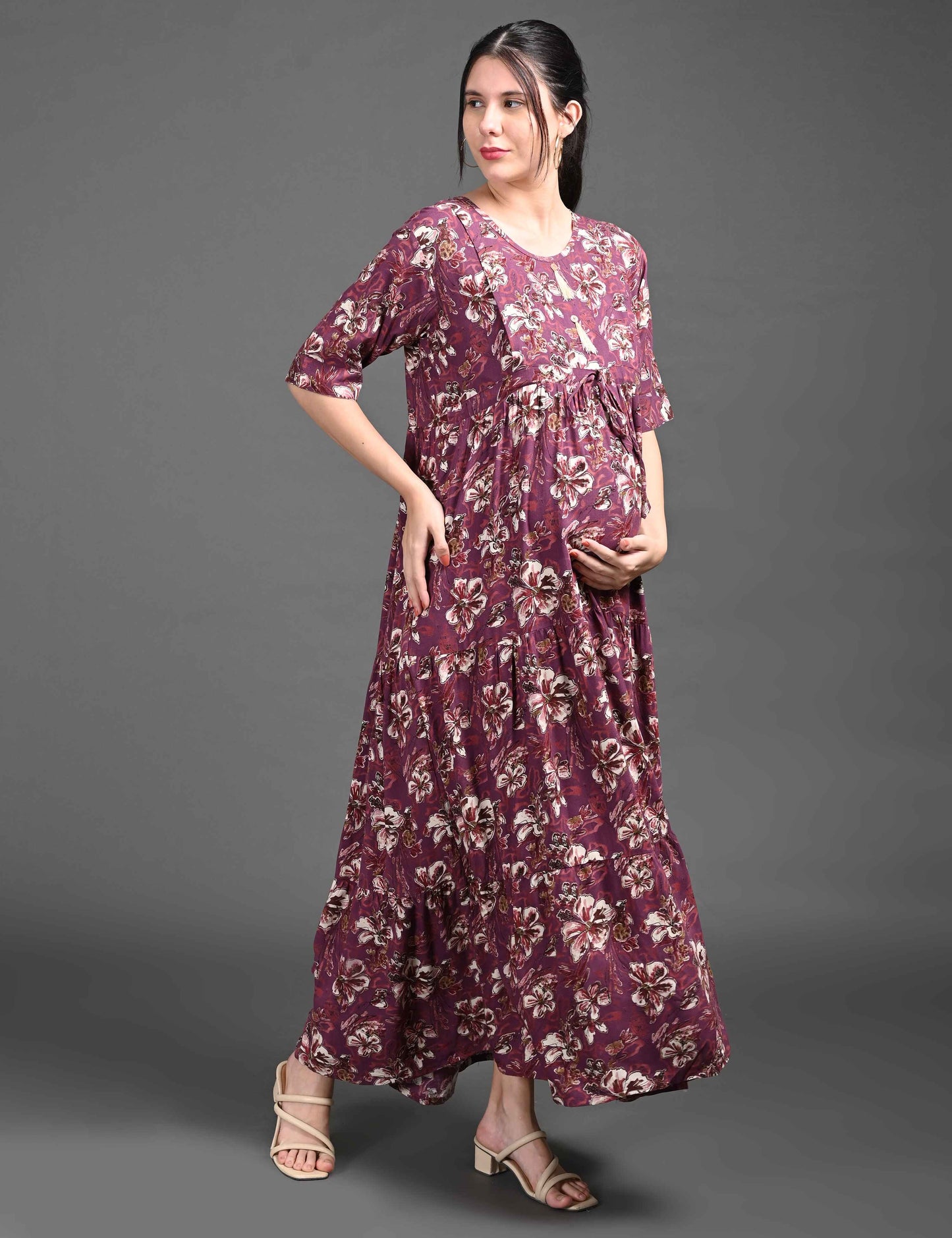 Womens Printed Maternity Long Gown - Wine