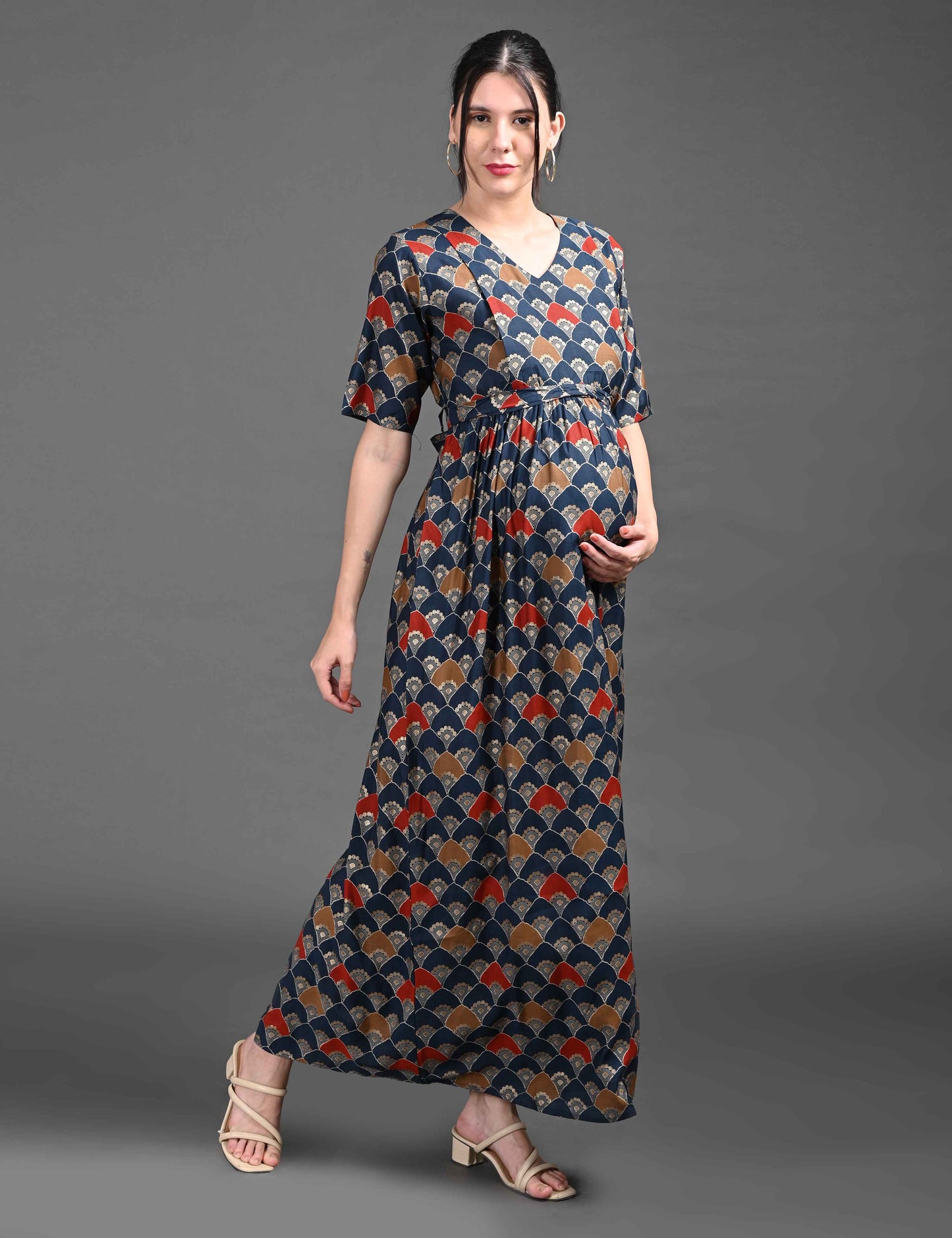 Womens Printed Maternity Long Gown - Indigo